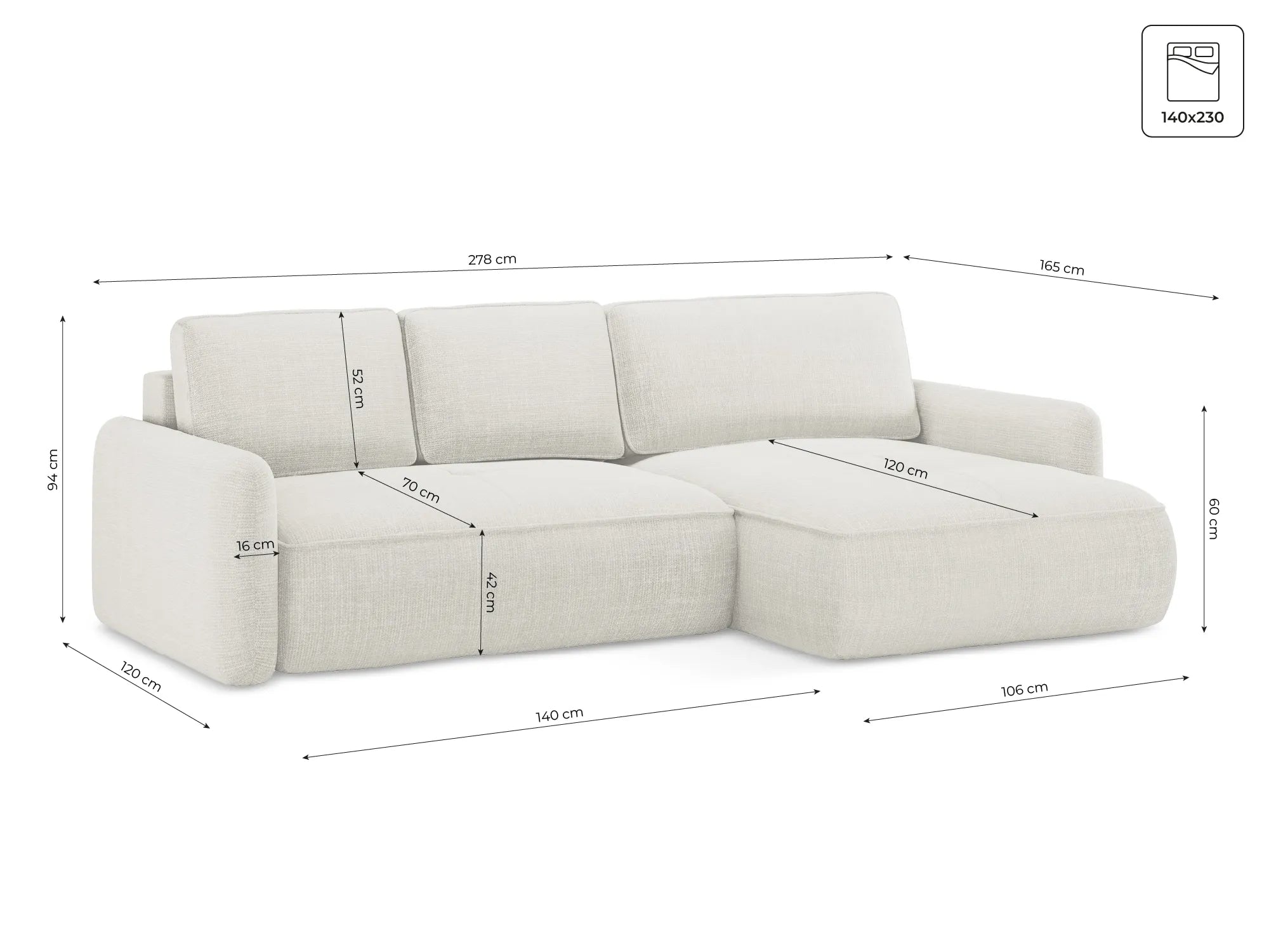 Corner Sofa with sleeping function Cali - 278cm