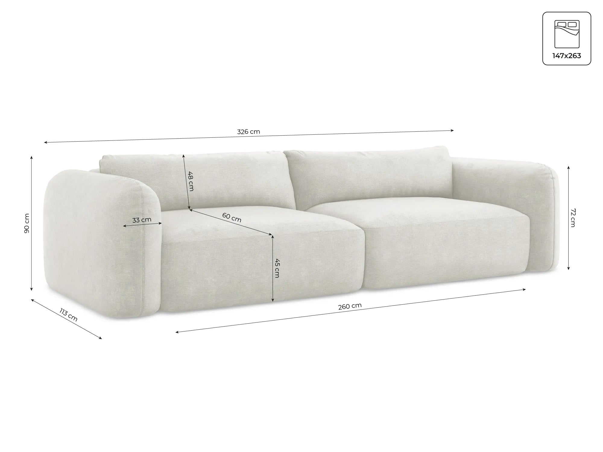 Sofa 4-seater with sleeping function Mele - 326cm